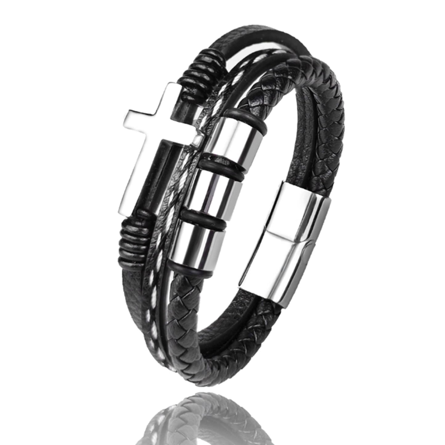 Bracelet Croix Chrétienne en Cuir Tressé Argent