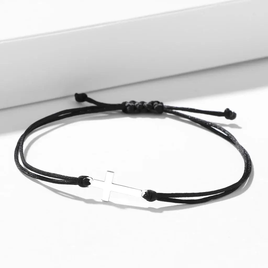 Bracelet Croix Chrétienne Pleine Tissu Noir argent