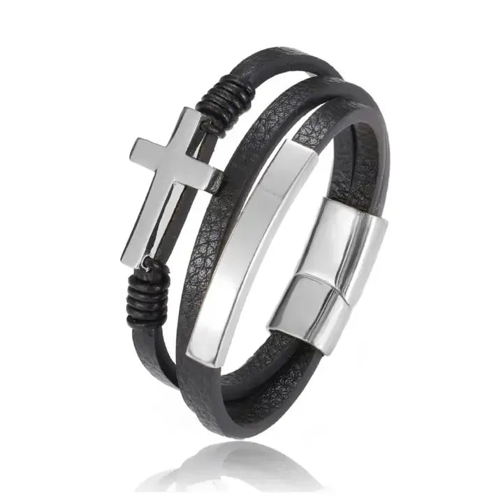 Bracelet Croix en Cuir 3 Brins Couleur Argent
