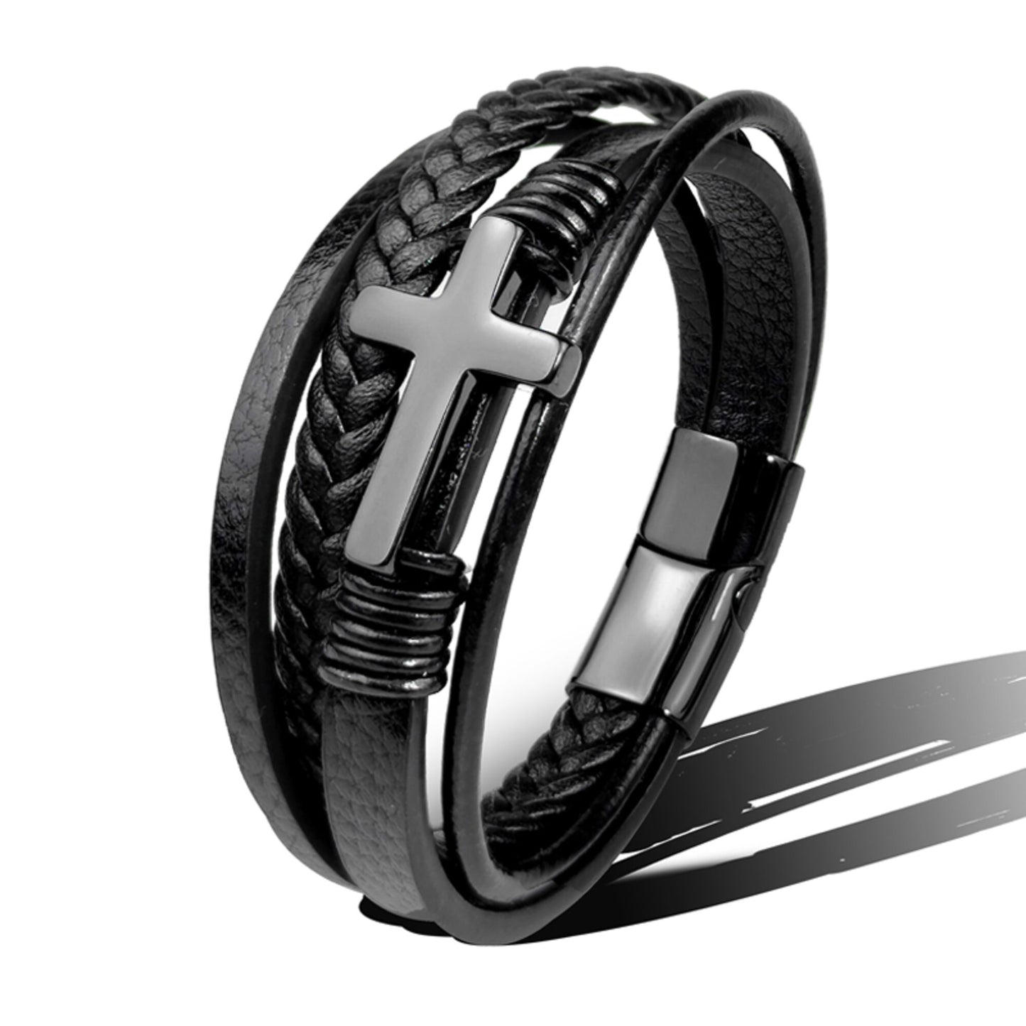 Bracelet Croix en Cuir Noir pour Homme