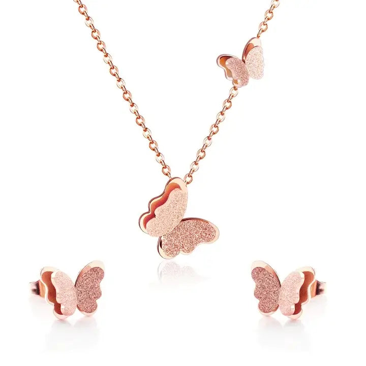 Collier et boucles d'oreilles papillon Or rose