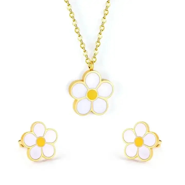 Parure Collier et Boucles d'Oreilles Marguerite en Acier Inoxydable présentation
