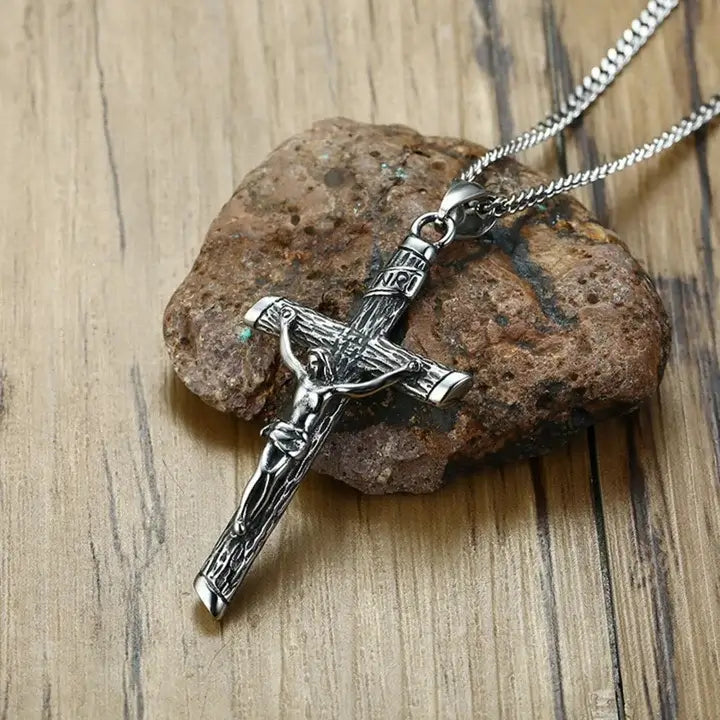 Collier Chrétien Croix Imitation Bois Bijoux Chrétiens face