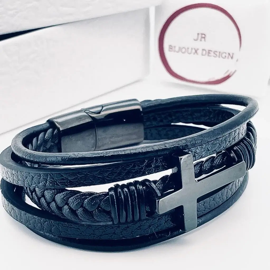 Bracelet Chrétien Croix en Cuir Tressé Noir JRBijouxDesign