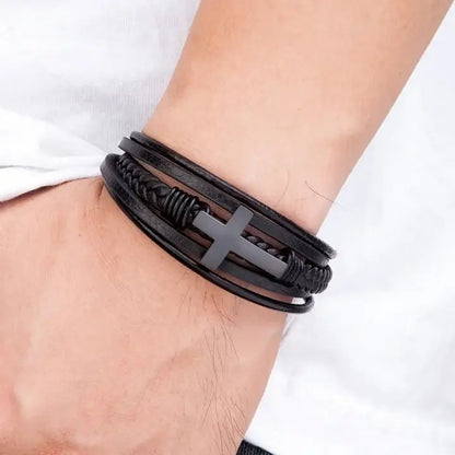 Bracelet Chrétien Croix en Cuir Tressé Noir JRBijouxDesign