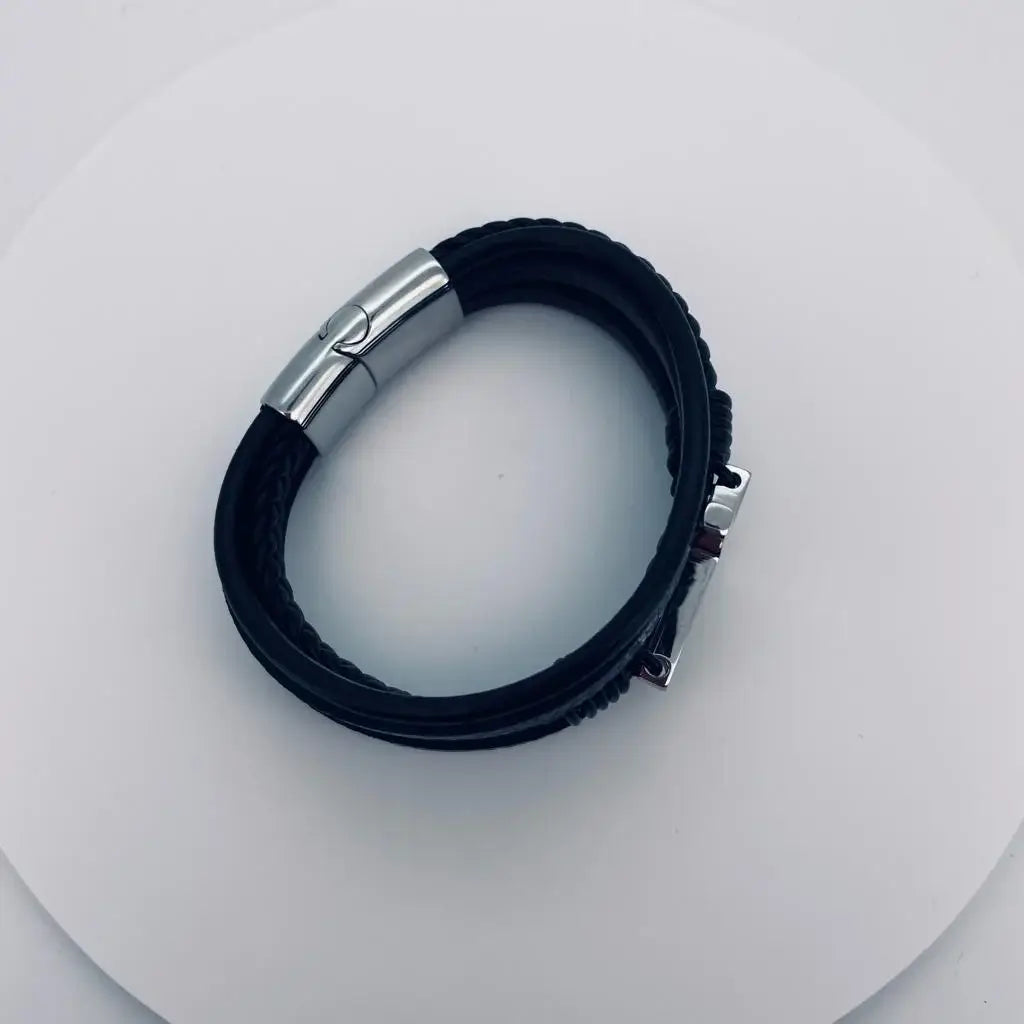 Bracelet Chrétien Croix en Cuir Tressé Noir JRBijouxDesign