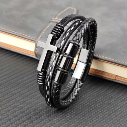 Bracelet Croix en Cuir Tressé Noir JRBijouxDesign
