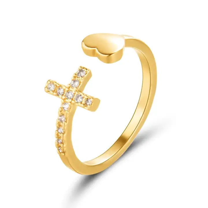 Bague Croix Chrétienne avec Coeur et Zircon