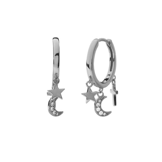 Boucles d'Oreilles Croix Etoile et Lune Pendantes argent