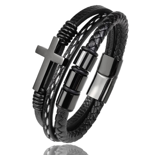 Bracelet Croix Chrétienne en Cuir Noir