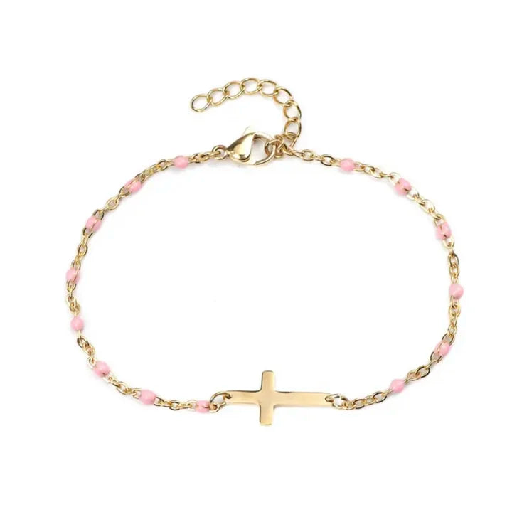 Bracelet croix Gigi Clozeau avec perles colorées perles roses