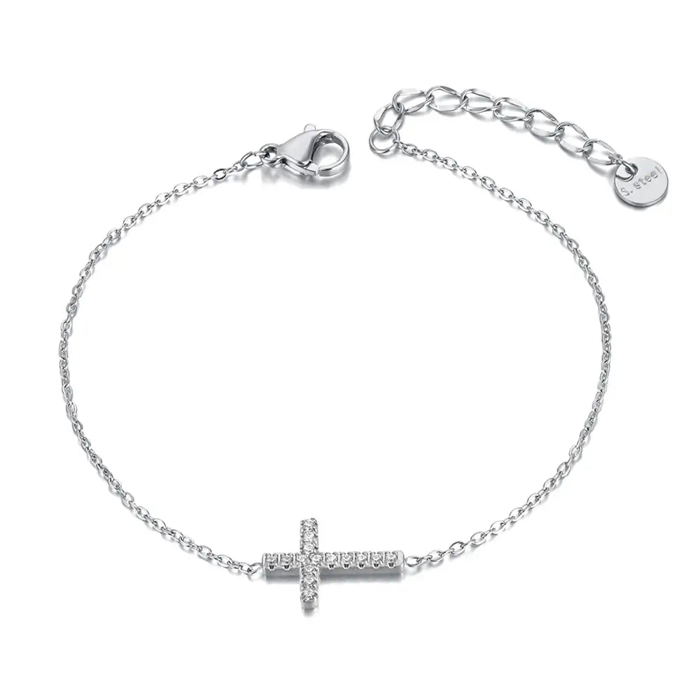 Bracelet Croix Chrétienne Pierres de Zircon argent