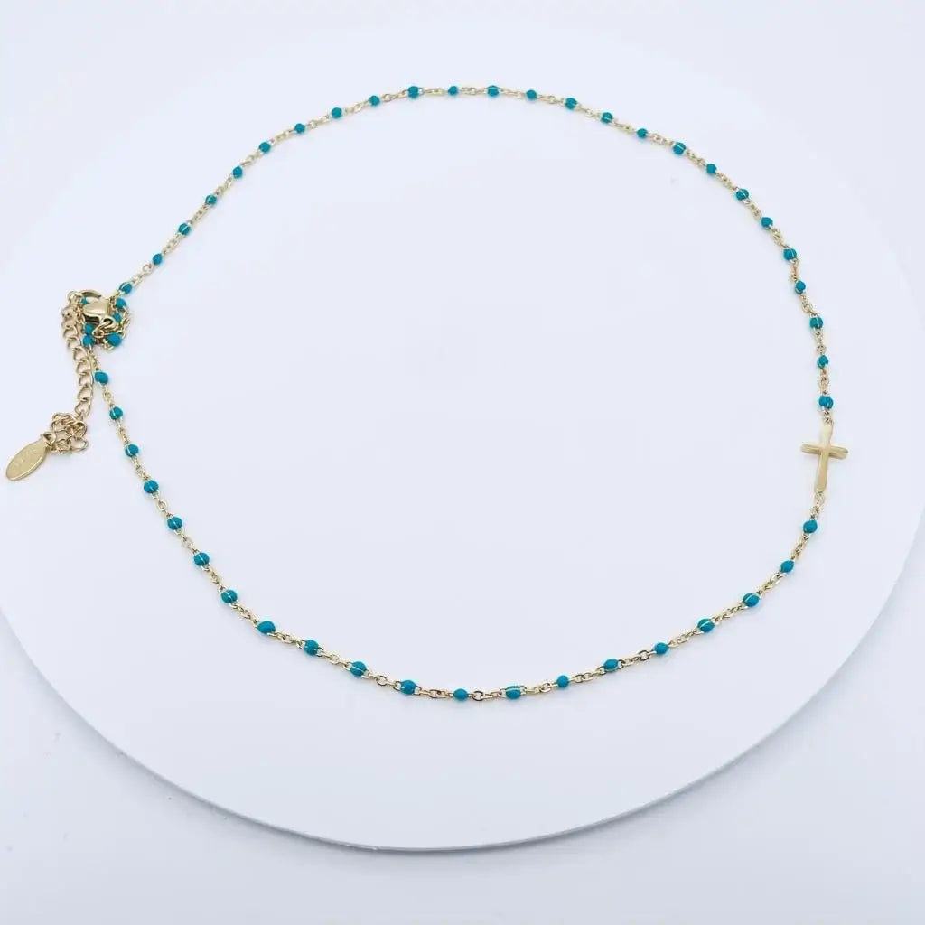 Collier croix rosaire en acier inoxydable turquoise