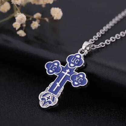 Collier Chrétien Pendentif Croix Orthodoxe Argenté bleu