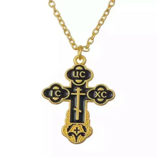 Collier avec Pendentif Croix Orthodoxe Doré noir