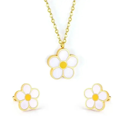 Parure Collier et Boucles d'Oreilles Marguerite en Acier Inoxydable présentation