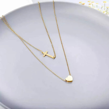 Collier Chrétien Croix et Coeur Inoxydable or