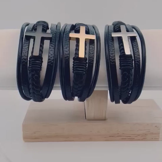 Bracelet croix chrétienne inoxydable en cuir noir video